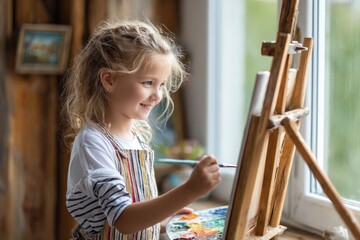 Little blonde girl painting at an easel by a window wearing a striped apron smiling
