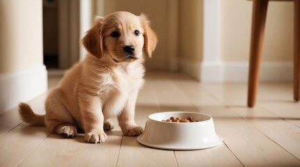 A fluffy golden retriever puppy sits indoors beside a bowl of dry dog food, looking curiously at the camera