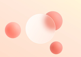 Soft peach background in glass morphism style with translucent circles and gradient spheres. Modern minimalist design for branding and web interface.
