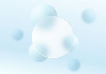 Minimalistic glass morphism background with translucent spheres and soft blue gradient. Trendy abstract design for web, branding, and UI.