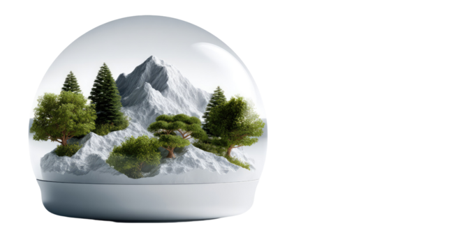Miniature Mountain Oasis: A picturesque mountain scene, complete with snow-capped peaks and evergreen trees, is perfectly encapsulated within a snow globe, creating a serene and self-contained world.