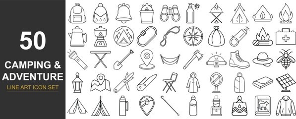 50 Line Art Vector Icons of Camping and Outdoor Adventure Gear Featuring Hiking Tools, Campfire Essentials, Survival Equipment, and Travel Accessories for Nature and Exploration Design Themes