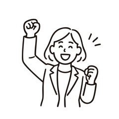Woman smiling and raising fist in joyful celebration, minimal line art illustration