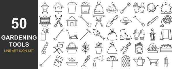 50 Line Art Vector Icons of Gardening Tools and Outdoor Equipment Featuring Hand Tools, Watering Gear, Planting Accessories, Lawn Care, and Patio Essentials for Horticulture and Seasonal Design Use