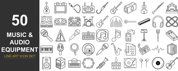 50 Line Art Vector Icons Representing Music Instruments and Audio Gear Including Acoustic and Electronic Equipment, Studio Interfaces, DJ Tools, and Performance Accessories for Modern Music-Themed Des