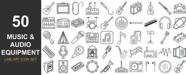 50 Line Art Vector Icons of Music and Audio Equipment Featuring Instruments, Sound Devices, Recording Tools, DJ Gear, and Studio Accessories for Musical, Creative, and Entertainment Design Projects