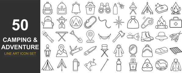 Naklejka premium 50 Line Art Vector Icons Depicting Camping and Hiking Adventure Gear Including Travel Packs, Cooking Kits, Lighting, Survival Tools, Maps, and Trekking Essentials for Wilderness and Eco Design Project