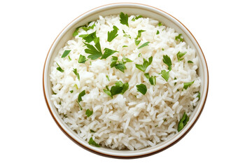 Cooked rice bowl with fresh herbs presented on a transparent background for a clean and minimalistic look