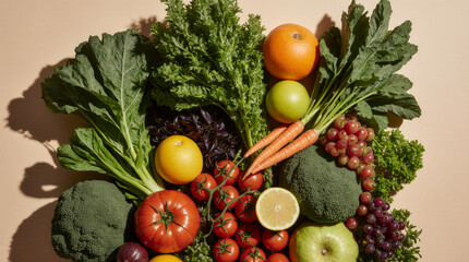 Composition with fresh vegetables and fruits isolated on pastel background