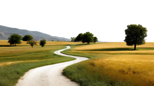 Winding Road to Serenity: A scenic view unfolds, showcasing a winding road that meanders through a serene landscape of golden fields and verdant trees, evoking a sense of peace and open horizons.