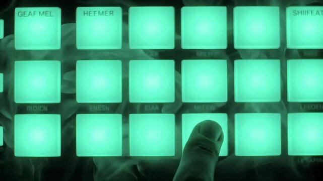 Glowing futuristic keypad with cryptic interface being pressed by fingers in minimal digital environment
