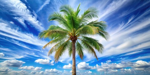 Fototapeta premium A Lush Tropical Palm Tree Silhouetted Against a Vivid Azure Sky Adorned with Puffy White Clouds, Evoking a Sense of Serenity and Warmth