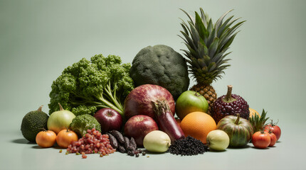 Composition with fresh vegetables and fruits isolated on pastel background