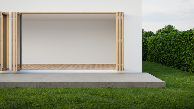 Empty white room with wood-framed glass doors open to garden. Modern house interior 3d rendering.