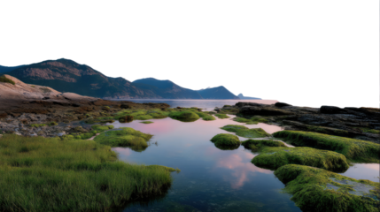 Coastal Serenity: Capture a serene coastal vista where lush greenery meets the tranquil sea, under a vast sky filled with a sense of peace.