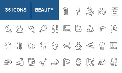 Beauty and Spa set of web icons in line style. Cosmetics services and Spa icons for web and mobile app. Spa treatments, skin care, massage, hyaluronic acid, serum, anti ageing, pore tighten.