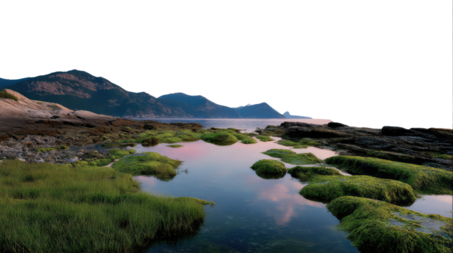 Coastal Serenity: Capture a serene coastal vista where lush greenery meets the tranquil sea, under a vast sky filled with a sense of peace.