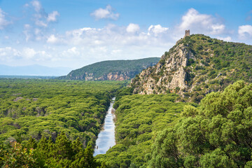 Panoramic view of Parco della Maremma regional natural park. Tuscany, Italy.