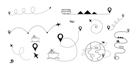 travel route line design element,Route line decoration design set,Hand Drawn design set,plane route,Bus route,Ship route,Curvy travel lines set. 
