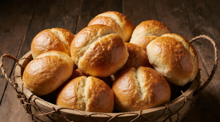 Many breads are placed in a tray with a wood background.