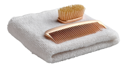 Hair Care Essentials: A serene composition features a pristine white towel, adorned with a delicate comb and a stylish brush, epitomizing self-care and spa-like serenity.