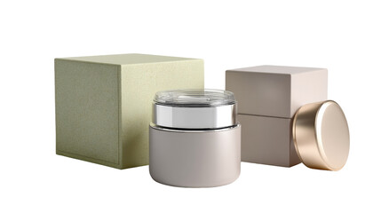 The Essence of Elegance: A minimalist studio shot captures a luxurious cosmetic jar nestled beside chic, complementary boxes.