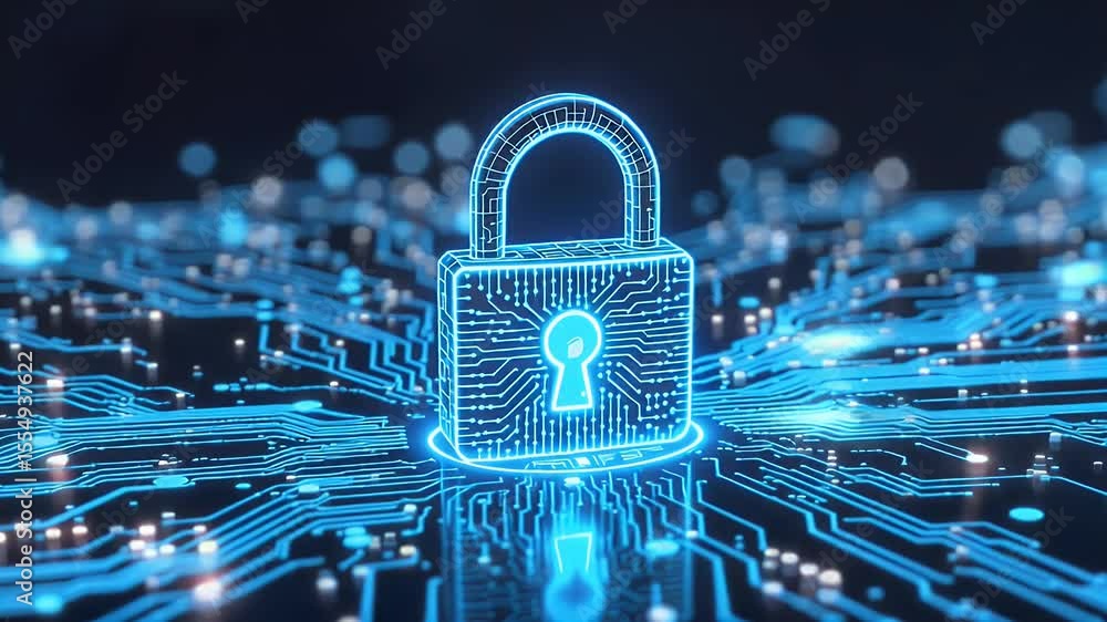Poster illuminated digital padlock on a circuit board representing network security and data protection in 