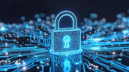 Illuminated digital padlock on a circuit board representing network security and data protection in a blue and dark environment. - Powered by Adobe