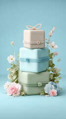 Elegant stack of gift boxes with pastel flowers on blue background