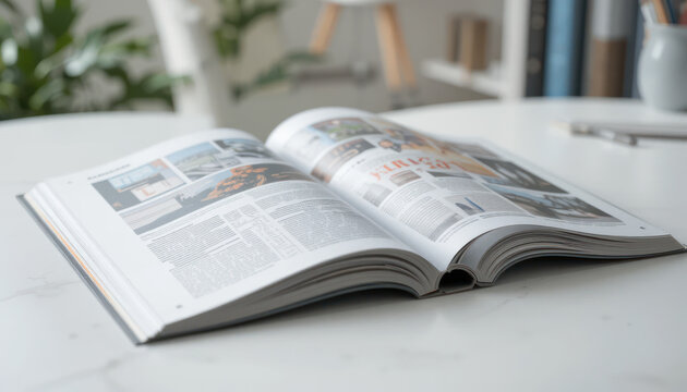 Open book on a table, showcasing pages filled with text and images, suggesting a reference or informational content.