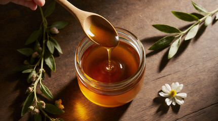 Honey dripping from wooden spoon in glass bowl with organic honey, honey plant acacia flowers and leaves near it on wooden table. Top view.