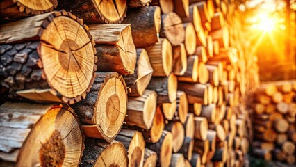 Warm Sunlight Illuminates a Stack of Neatly Arranged Firewood Logs, Displaying Their Rich Texture and Natural Grain Patterns