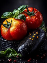 An appetising set for a summer vegetarian salad: ripe tomatoes, ripened eggplant, fresh basil and aromatic herbs, bright grains of various peppers and spices, in drops of water completely ready to eat
