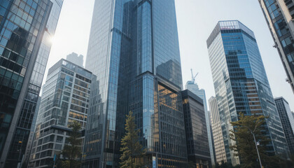 Modern skyscrapers rise high in a city skyline, reflecting light and showcasing urban architecture.