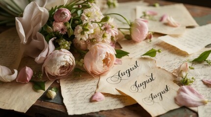 Delicate blush flowers lie atop vintage letters with elegant "August" calligraphy