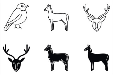 Obraz premium Elegant Wildlife Icons A Black and White Collection of Bird Deer and Stag Illustrations Depicting Nature's Beauty and Grace