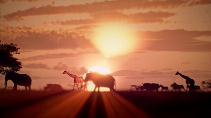 Majestic African wildlife in motion: an elephant, giraffe, zebra, rhino, and a pair of lions gracefully crossing the savannah under a sunset sky. The glow of the setting sun silhouettes the animals. - Powered by Adobe