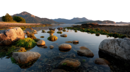 Coastal Serenity: The tranquility of a coastal landscape, the mirror-like reflection of a scenic panorama with the gentle touch of the sun caressing the scene, inspiring introspection and reflection.