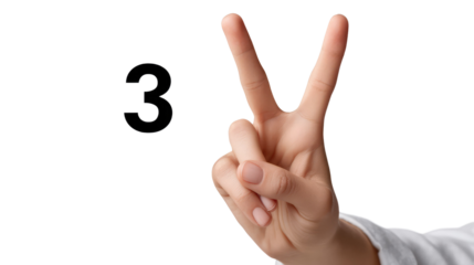 Counting to Three: A hand makes a "two" gesture, complemented by the number 3, symbolizing the act of counting and numerical concepts. 