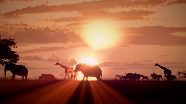 Majestic African wildlife in motion: an elephant, giraffe, zebra, rhino, and a pair of lions gracefully crossing the savannah under a sunset sky. The glow of the setting sun silhouettes the animals.