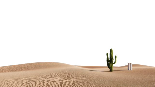 Solitary Desert Bloom: A resilient cactus stands tall amidst the sweeping expanse of desert sand, with a single metallic structure nearby.