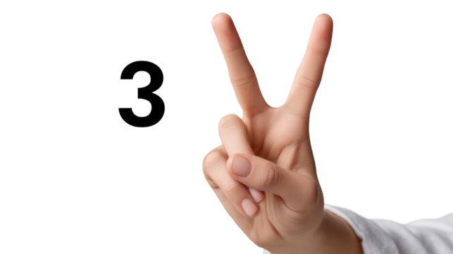 Counting to Three: A hand makes a "two" gesture, complemented by the number 3, symbolizing the act of counting and numerical concepts. 
