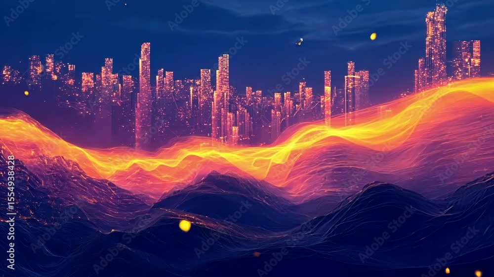 Poster a swirling vortex of data points forms a holographic chart flipping upward juxtaposed with the silho