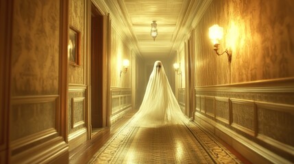 Ghostly figure in a grand hallway