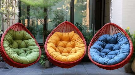 Three colorful hanging basket chairs with vibrant green, yellow, and blue cushions suspended in a modern outdoor patio
