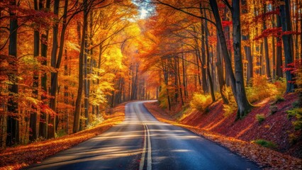 Autumnal Road Winding Through a Vibrant Forest of Golden and Crimson Hues