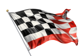 Checkered finish flag waving on a transparent background represents the end of a race, symbolizing victory and achievement in motorsport events around the world