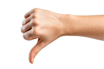 Closeup of a female hand showing thumbs down gesture isolated on no arm on transparent background