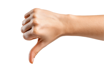 Closeup of a female hand showing thumbs down gesture isolated on no arm on transparent background