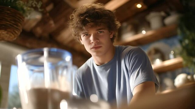 Young man reacts to blender mishap in bright kitchen